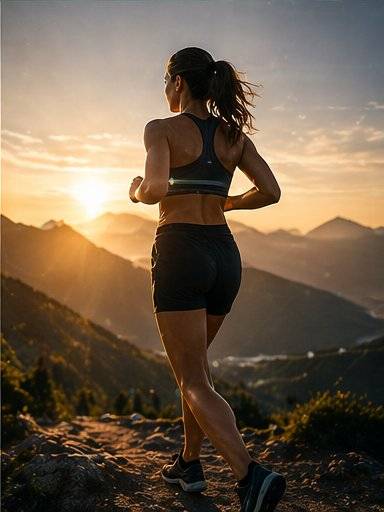 Deportista en montaña al amanecer